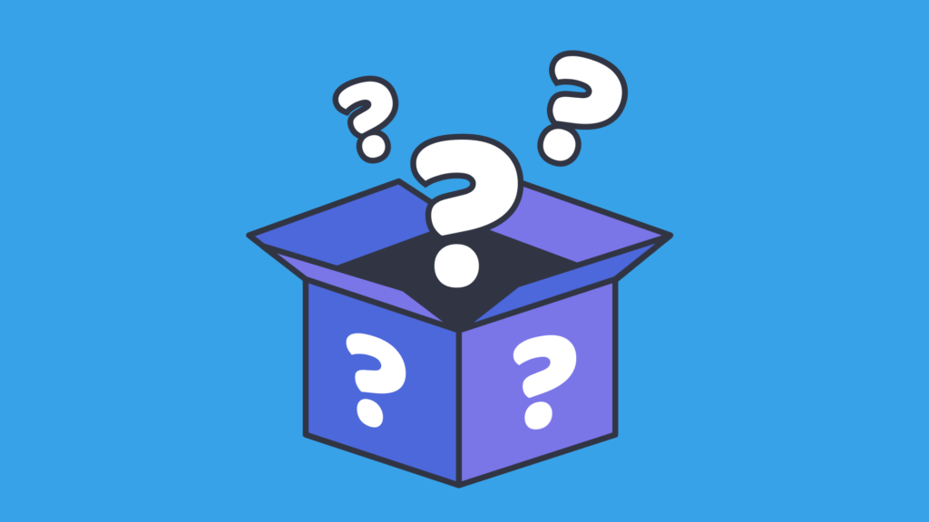 Purple and blue box with floating question marks on a blue background.
