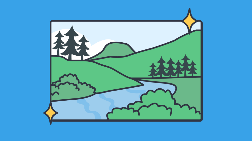 Scenic cartoon landscape with hills, trees, and a river on a blue background.