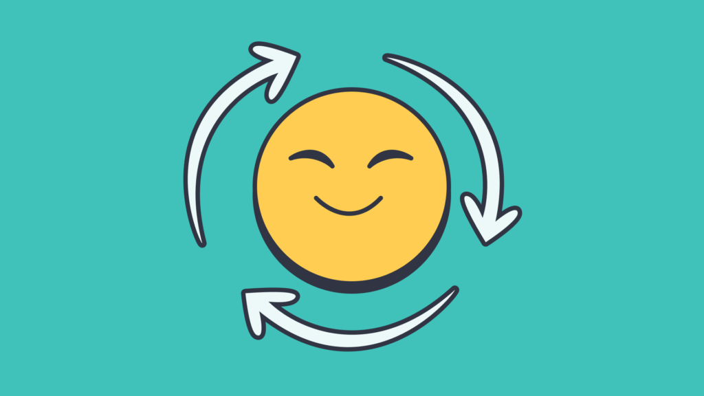 Illustration of a smiling face surrounded by circular arrows, symbolizing positivity and continuous happiness habits.