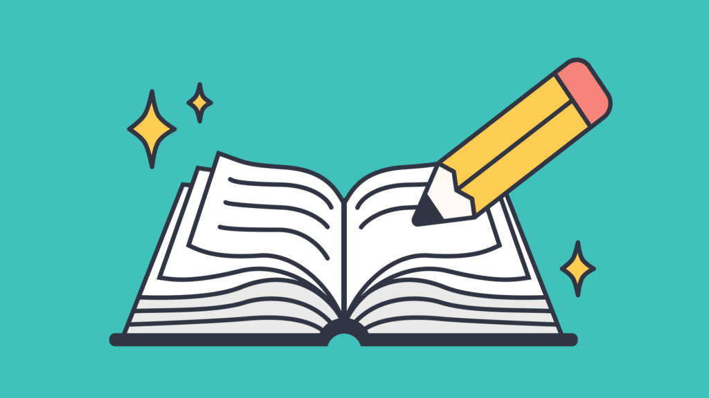 Illustration of an open book with a pencil and sparkles, symbolizing creativity and reflection.