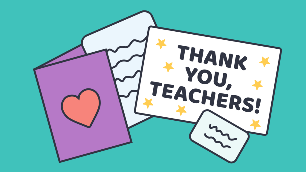 Illustration of thank-you cards with messages, including one that says 'Thank You, Teachers!' adorned with stars and a heart.