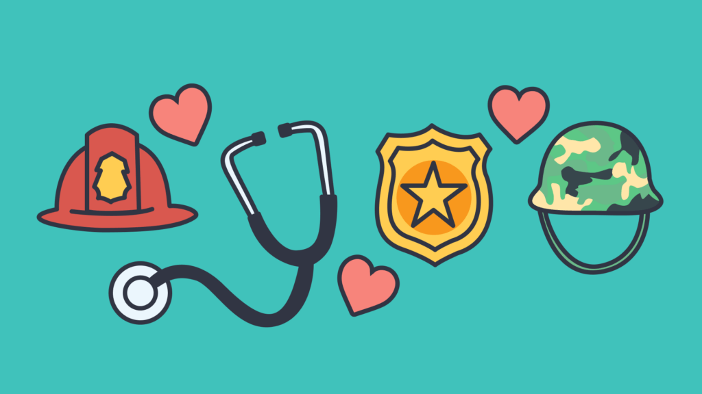 Illustration featuring symbols of community service: a firefighter helmet, stethoscope, police badge, and military helmet, surrounded by hearts to express gratitude.