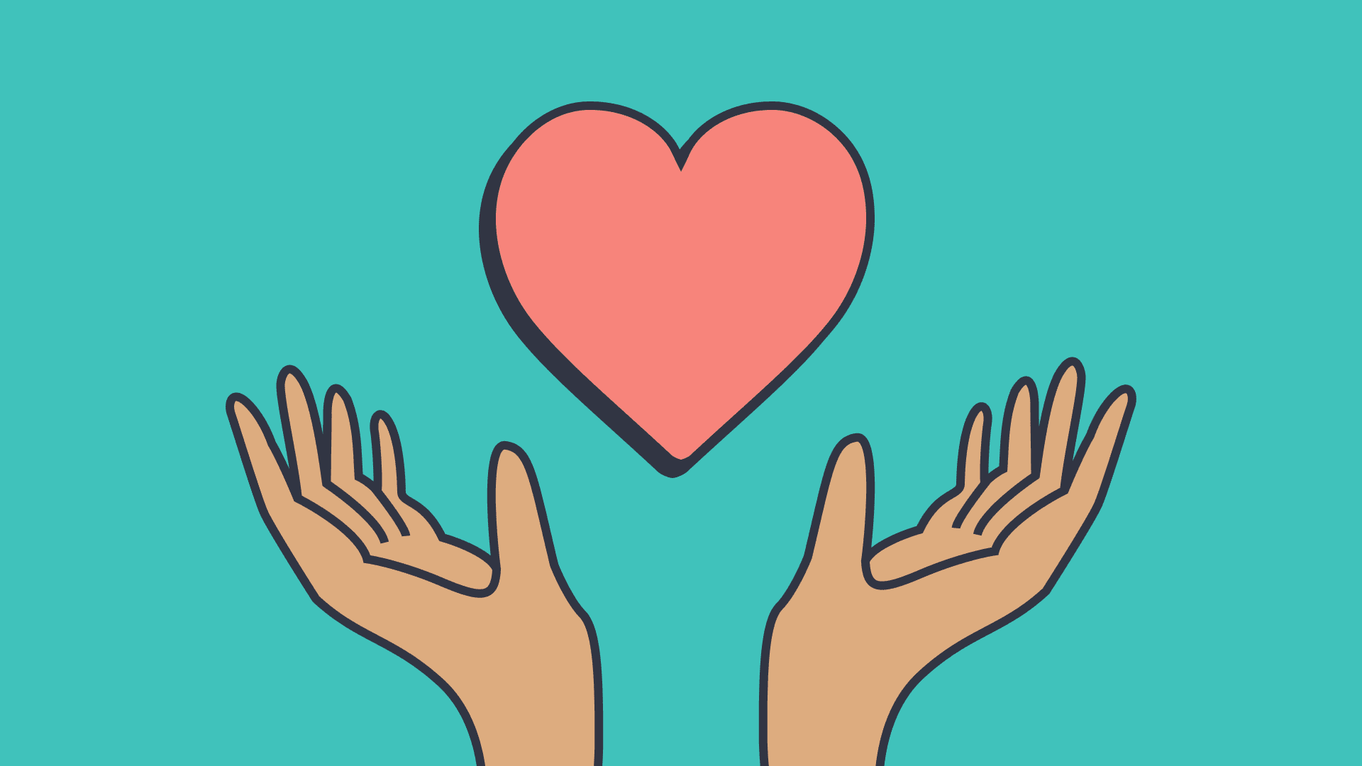 Two hands reaching up toward a pink heart on a turquoise background, symbolizing care and compassion.