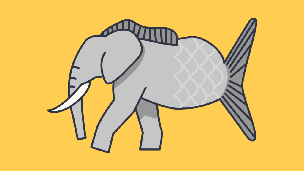 A whimsical hybrid creature combining an elephant's front body with a fish's tail on a yellow background.