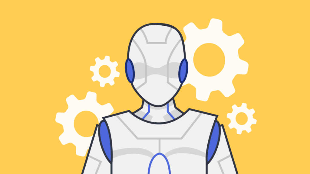 A futuristic robot figure with gears in the background, representing technology and innovation.