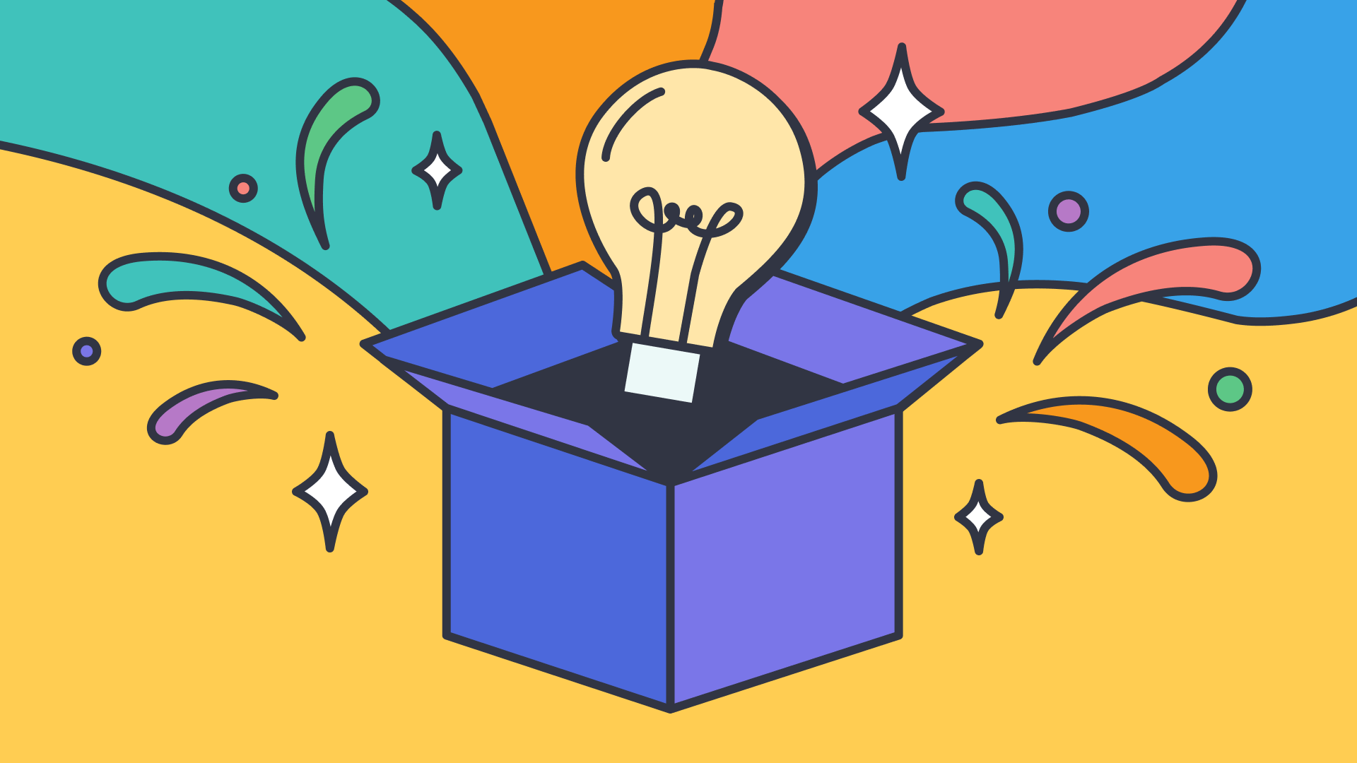 A glowing light bulb emerging from a colorful box with vibrant abstract shapes, symbolizing creative ideas.