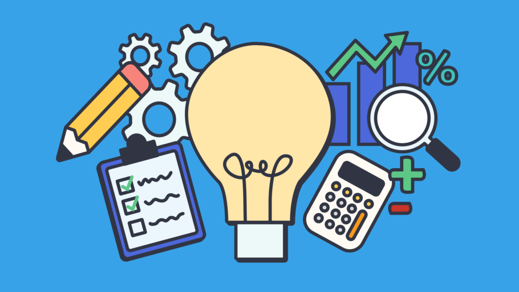 A glowing light bulb surrounded by gears, a clipboard with a checklist, a pencil, a calculator, and a graph with an upward trend, symbolizing innovative planning and problem-solving.