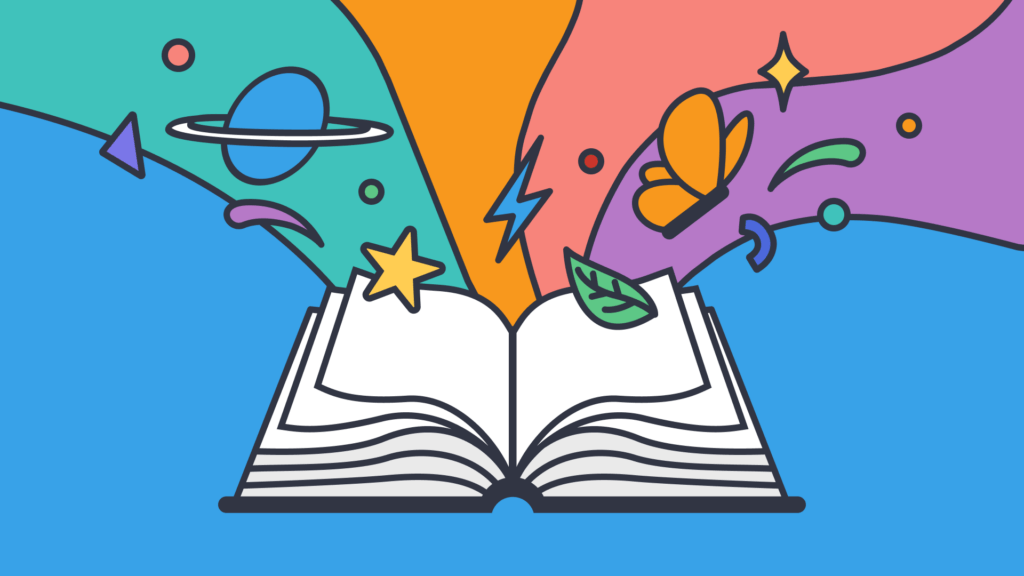An open book with colorful elements like stars, leaves, a butterfly, and a planet emerging, representing creativity and knowledge expansion.