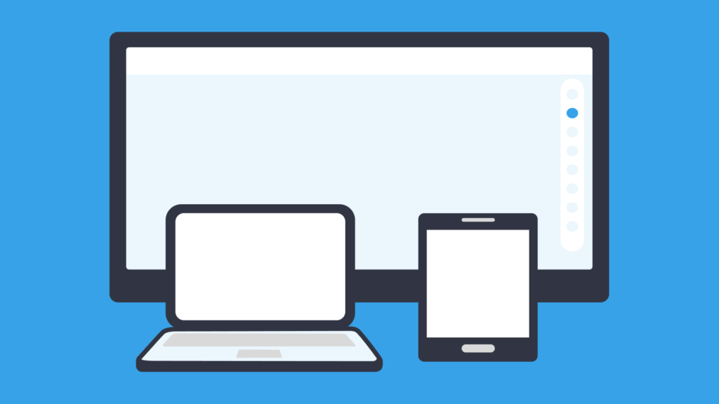 A simple graphic on a blue background of a desktop screen, laptop and table with blank screens