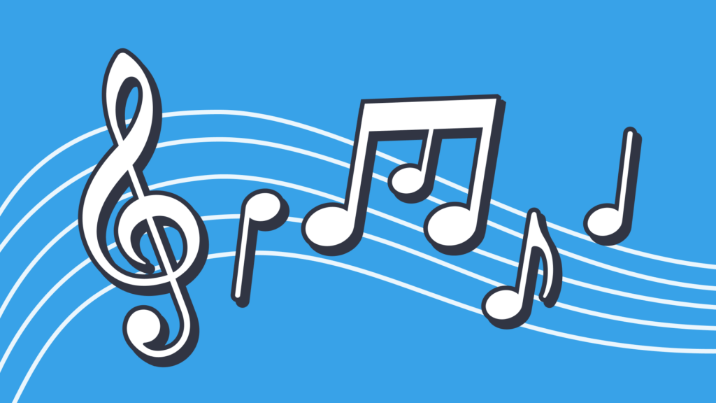 A graphic of music symbols on a blue background