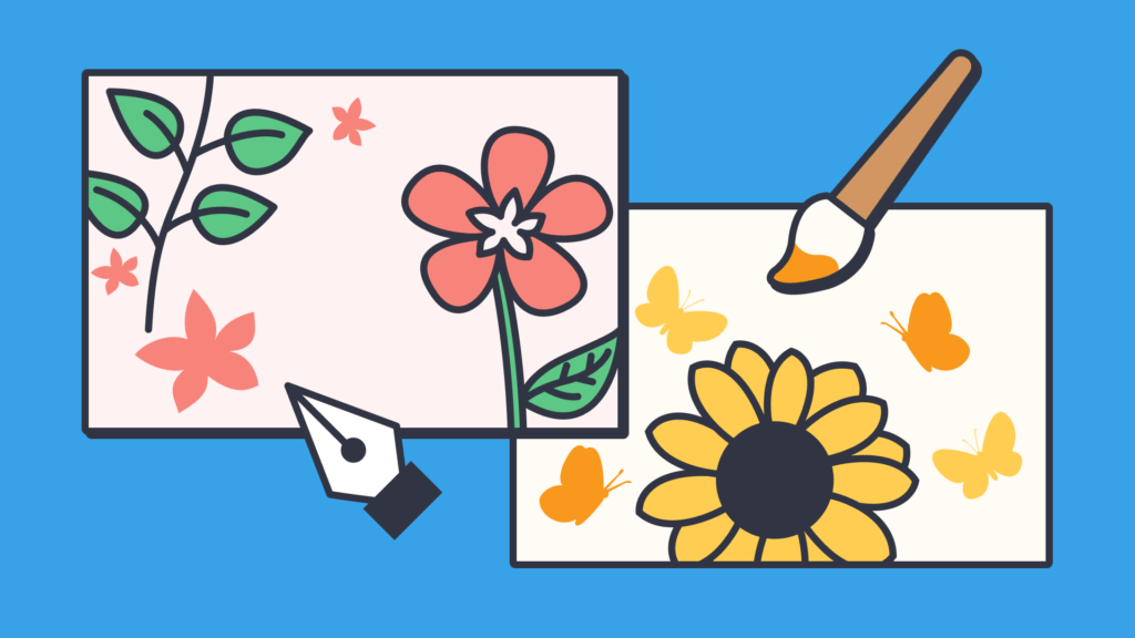 Two artistic drawings: one with green leaves and red flowers, and another with a yellow sunflower and orange butterflies. A paintbrush and pen suggest creativity in art.
