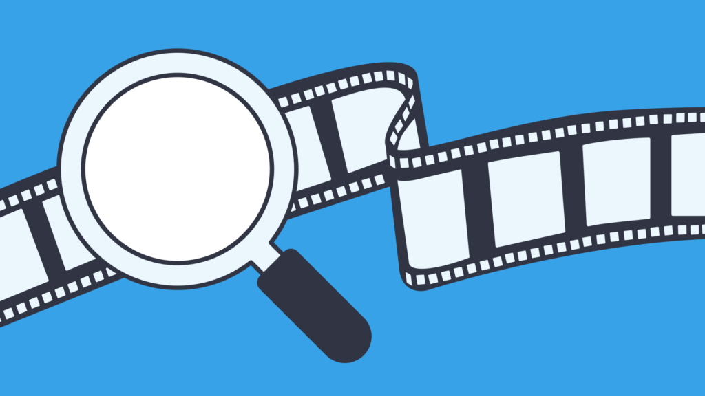 A magnifying glass placed over a strip of film, symbolizing analysis or exploration of media and films.