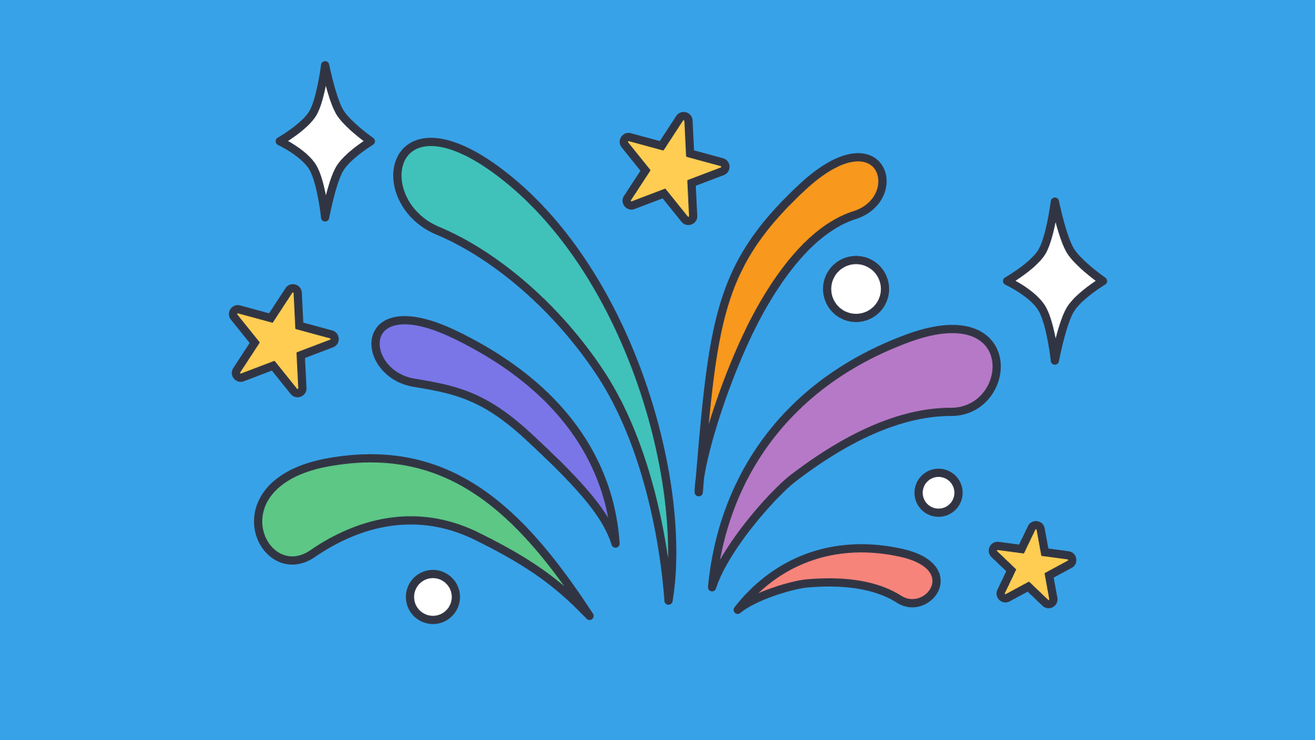 Colorful, abstract fireworks with stars and sparkles on a blue background, symbolizing celebration and creativity.