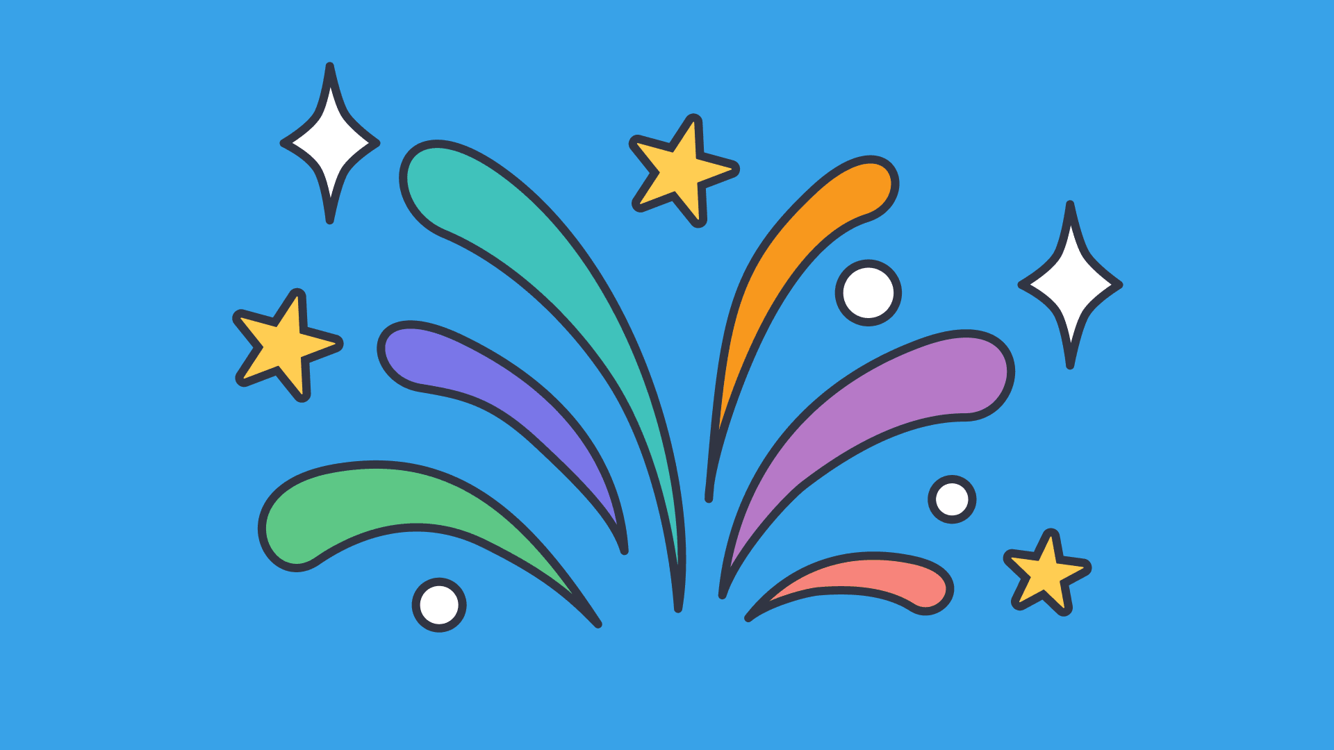 Colorful, abstract fireworks with stars and sparkles on a blue background, symbolizing celebration and creativity.