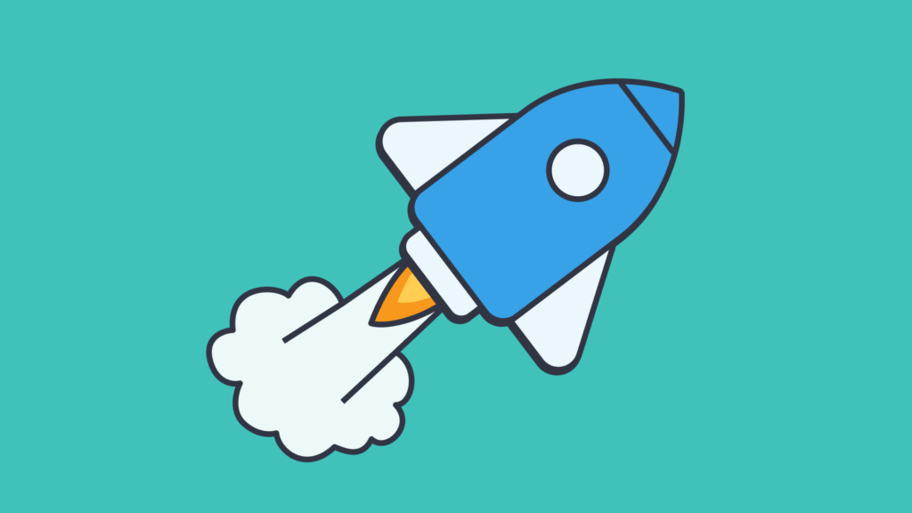 A blue rocket launching into the sky with white smoke trailing, symbolizing a fresh start and motivation to achieve goals.