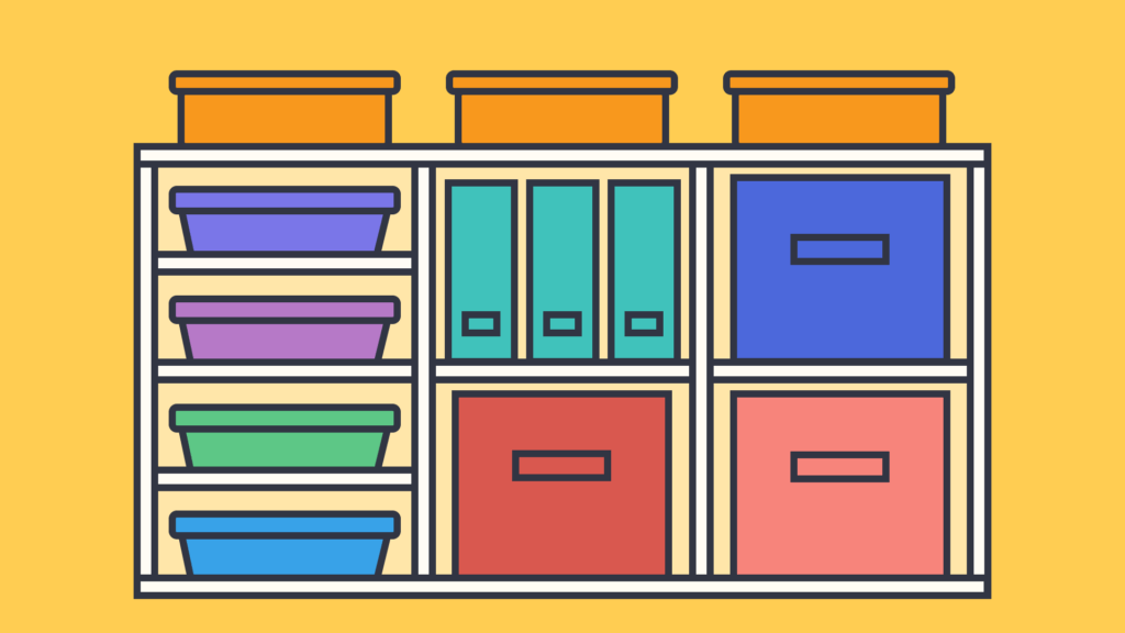A shelf with various color-coded storage bins and boxes, organized in rows, with some labeled folders in between.