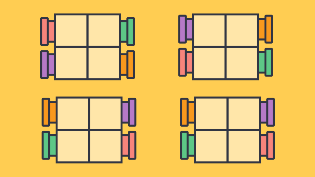 A grid layout of storage units with different colored bins placed on the sides, arranged symmetrically.