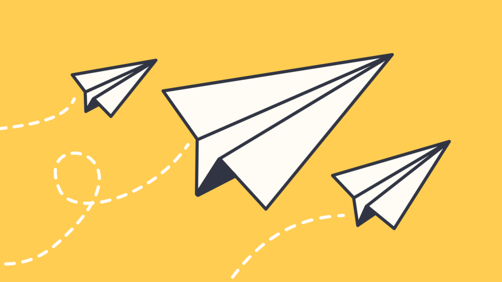 Three paper airplanes flying with dashed lines indicating their flight paths in a playful, zig-zag pattern.