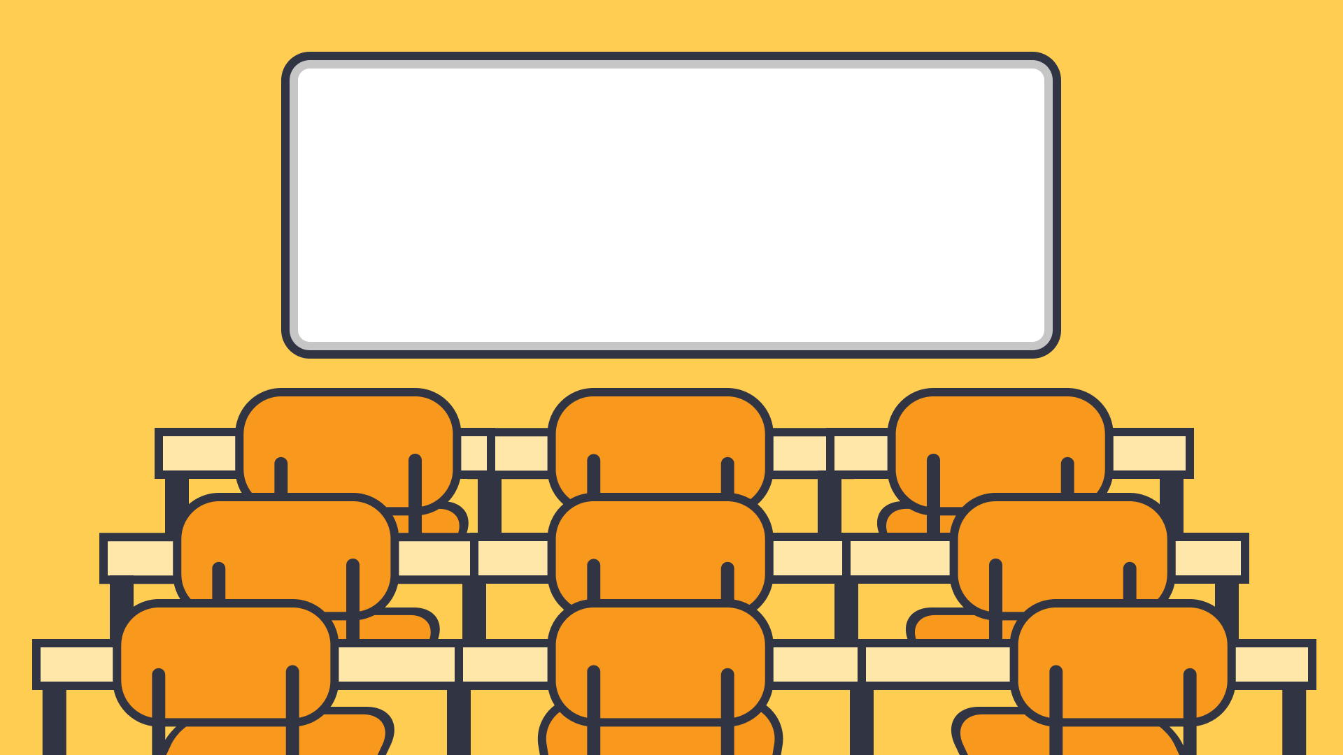 A classroom with rows of orange chairs facing a blank whiteboard, on a yellow background.