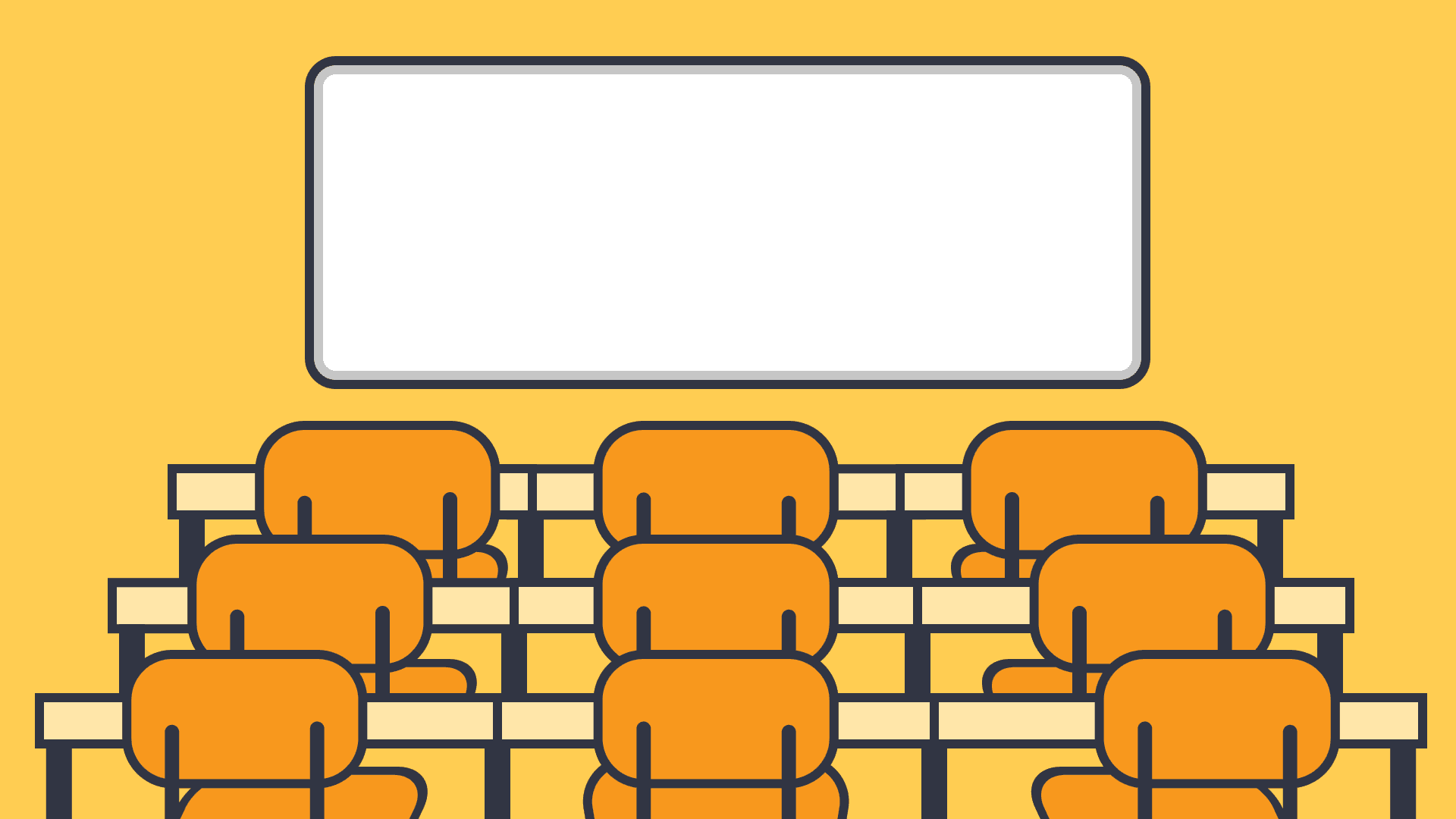A classroom with rows of orange chairs facing a blank whiteboard, on a yellow background.