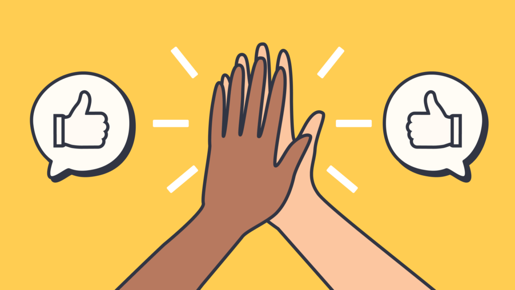 Illustration of two hands giving a high-five with thumbs-up icons surrounding them.