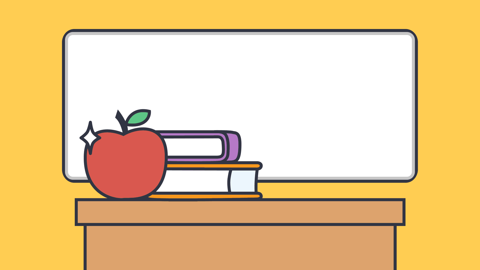 Illustration of a classroom desk with an apple, books, and a whiteboard in the background on a yellow backdrop