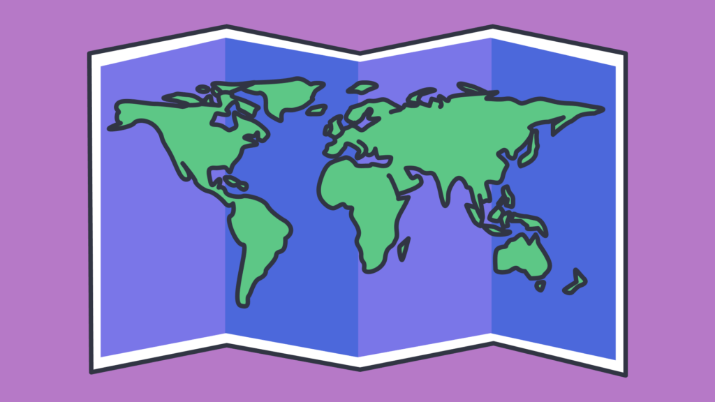 Illustration of a world map featuring continents in green, with a purple background.