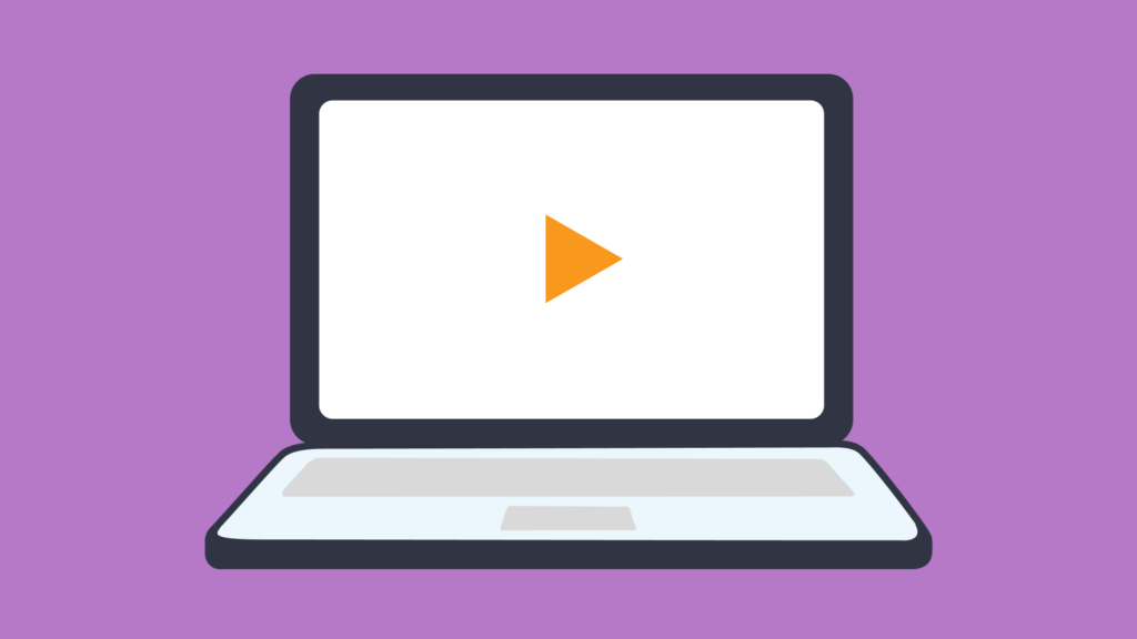 Illustration of a laptop with a play button on the screen, set against a purple background.