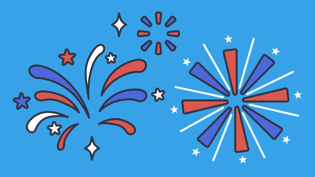 Colorful red, white, and blue fireworks bursting against a bright blue background