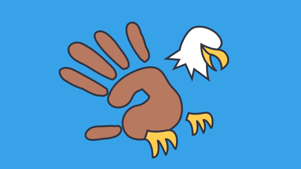 A handprint-designed bald eagle craft with wings made from brown handprints and yellow feet