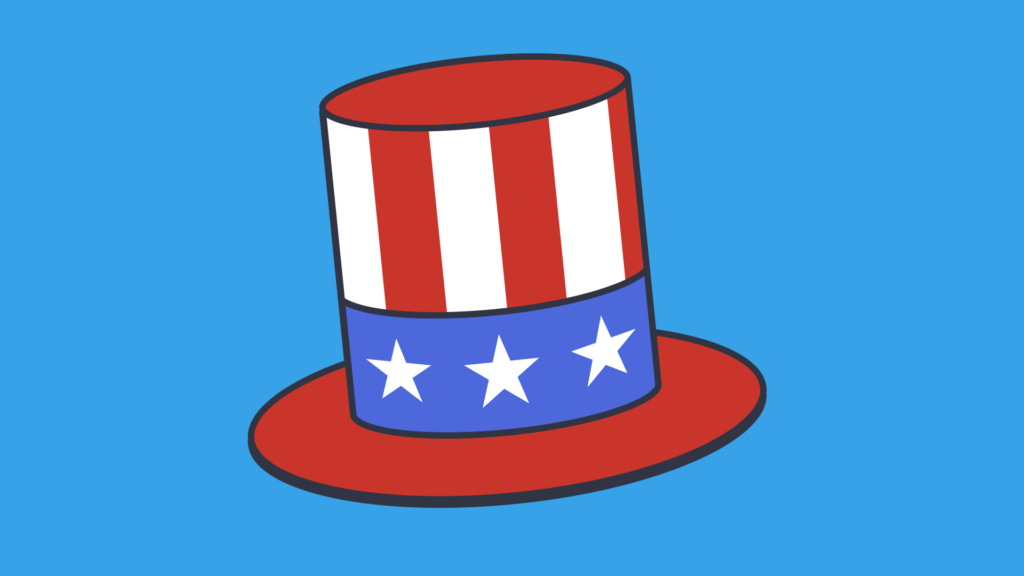 A red, white, and blue striped Uncle Sam hat with a starry blue band
