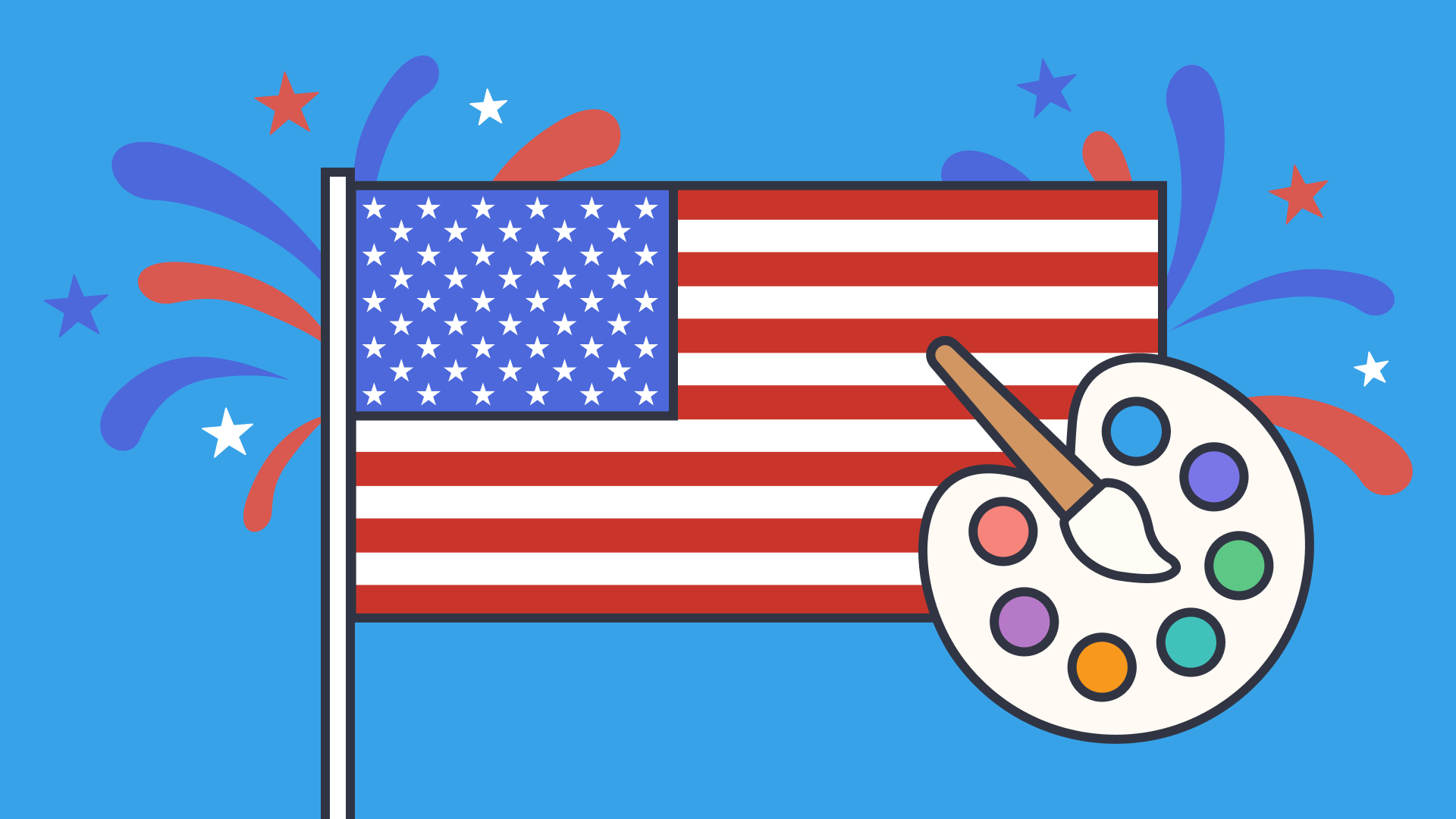 Illustration of American flags, red, white, and blue stars, symbolizing Independence Day celebrations.