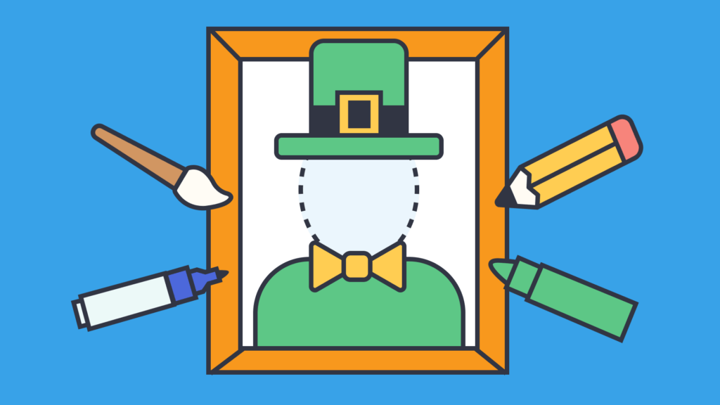 Leprechaun portrait outline with art supplies for a St. Patrick’s Day craft.