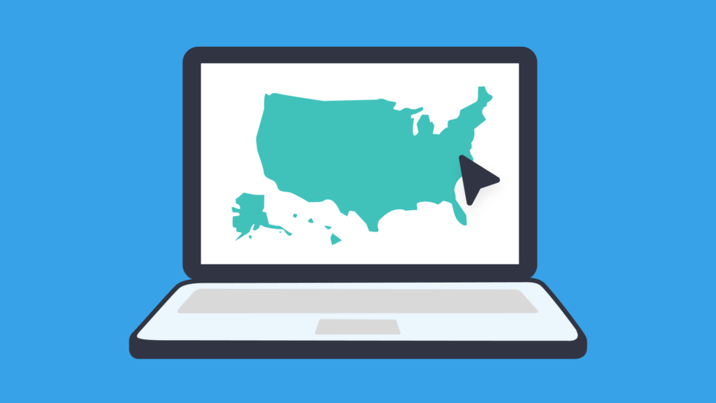 Illustration of a laptop screen displaying a US map, representing interactive digital geography learning.