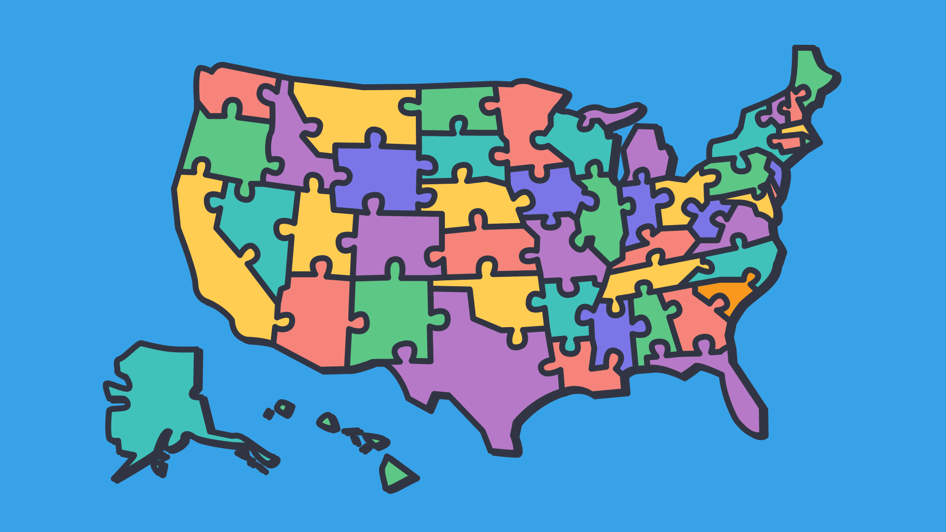 Illustration of a colorful US map puzzle with each state represented as a puzzle piece for interactive learning.