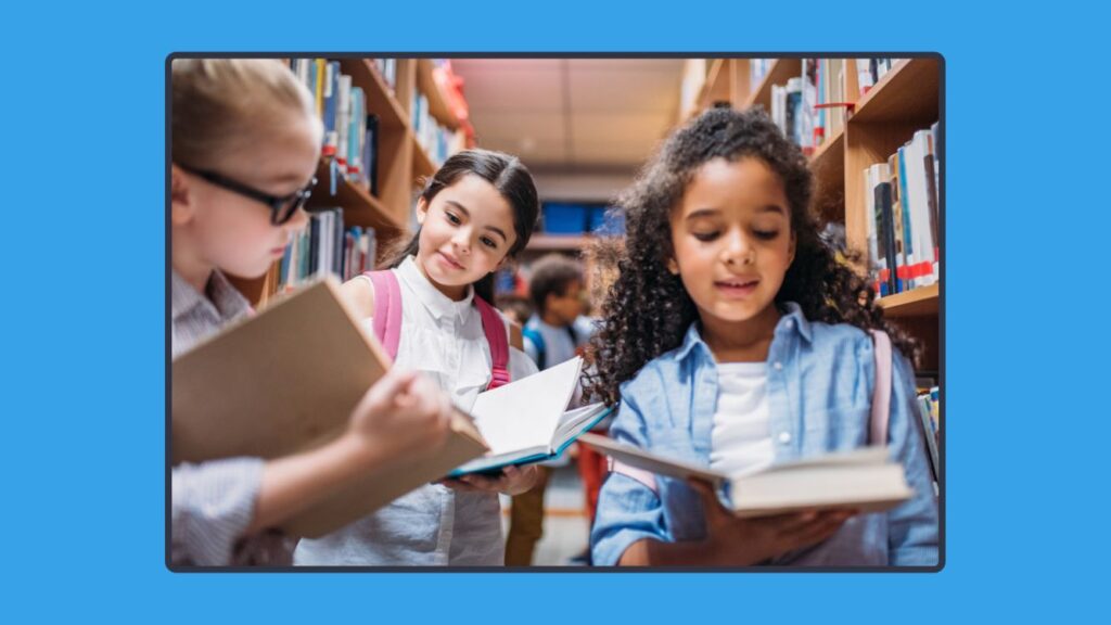 Group of diverse students reading books in a school library