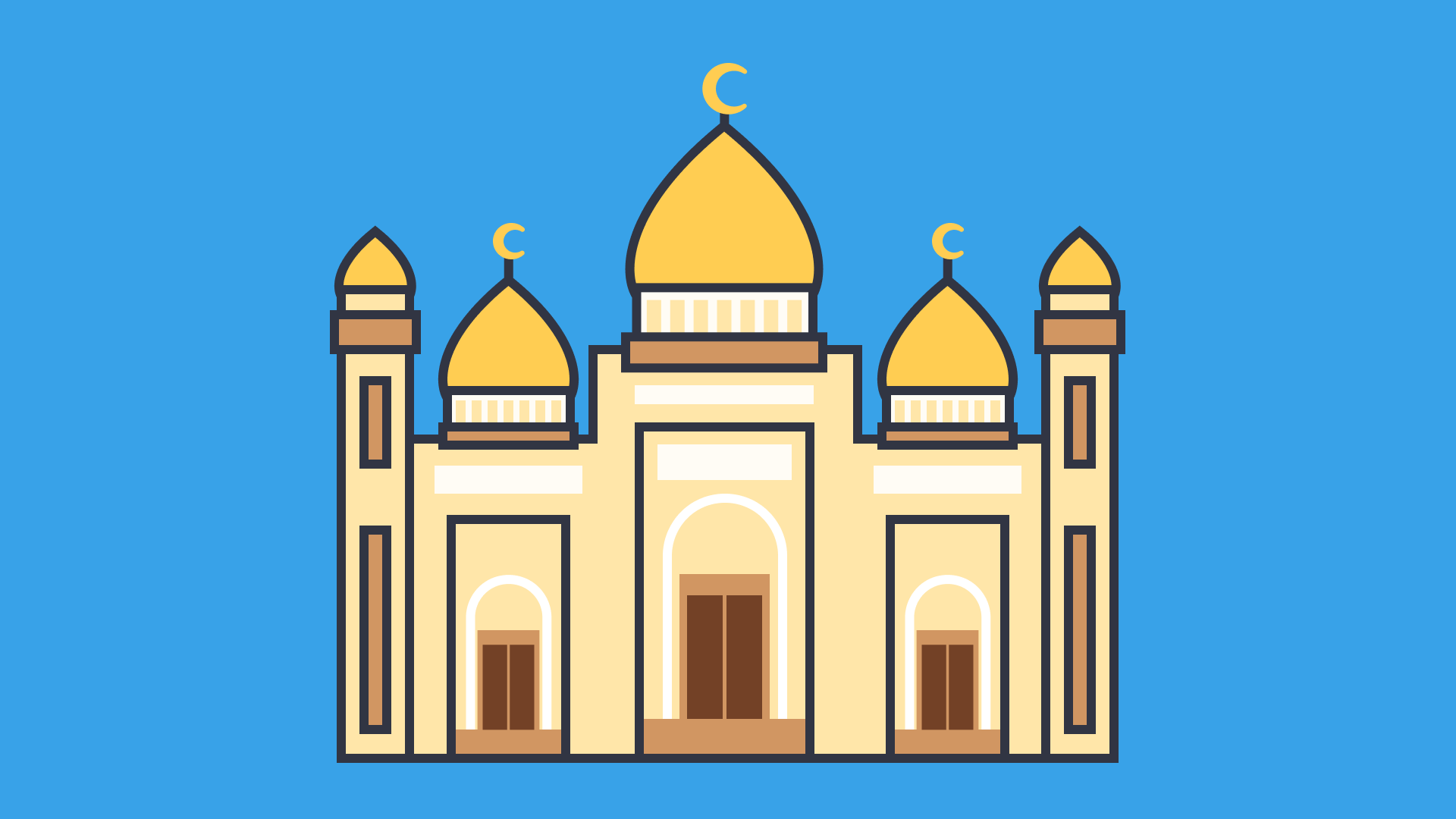 Illustration of a golden-domed mosque with minarets against a blue background