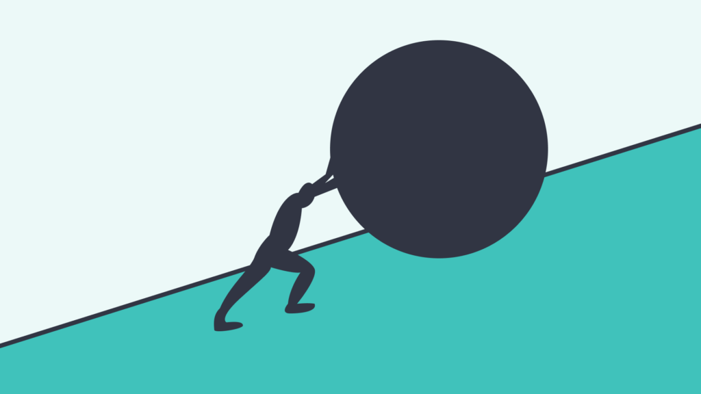 Illustration of a person struggling to push a large ball uphill, symbolizing overcoming challenges.