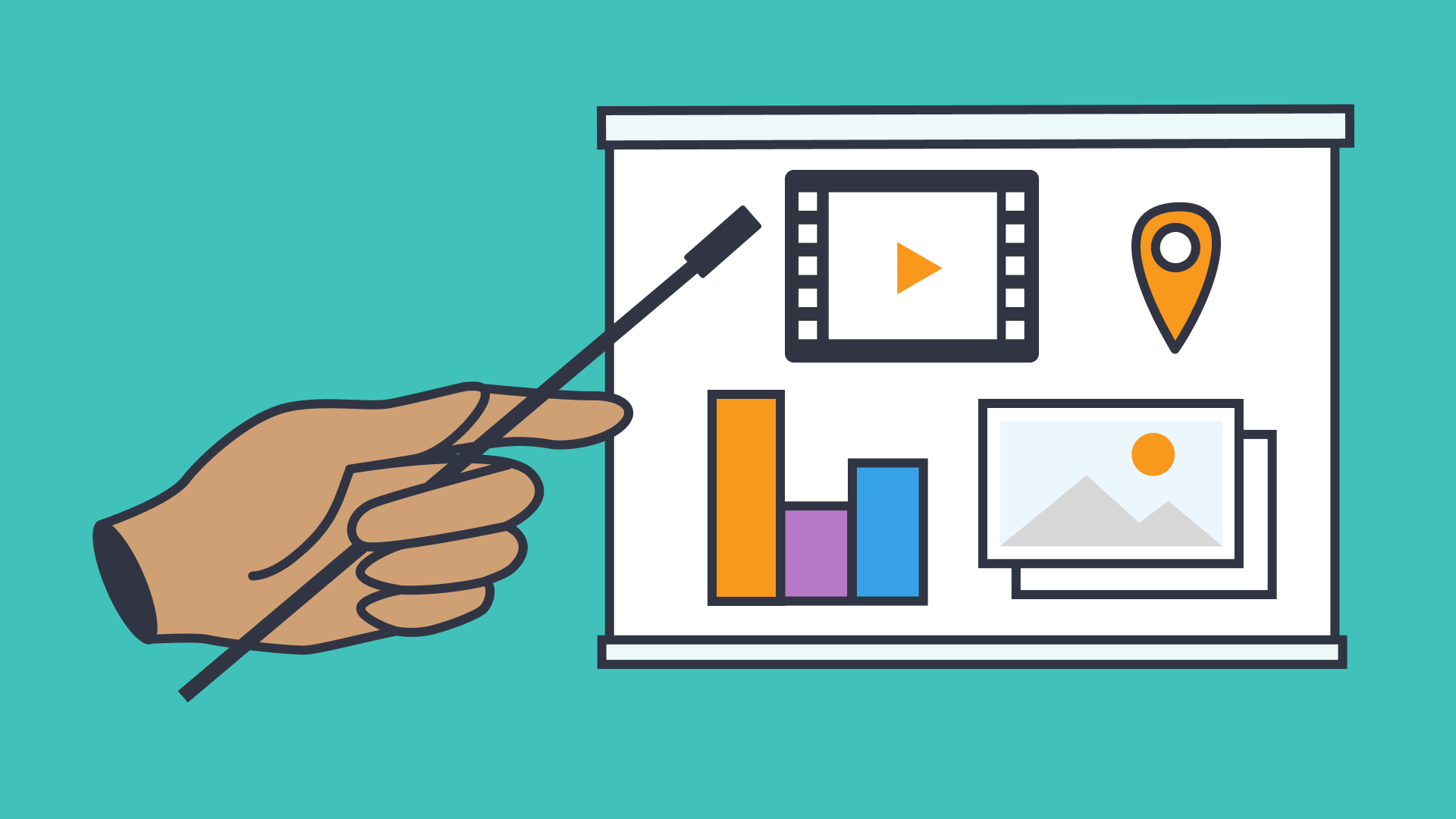 Hand pointing at a presentation slide with charts, video, and images