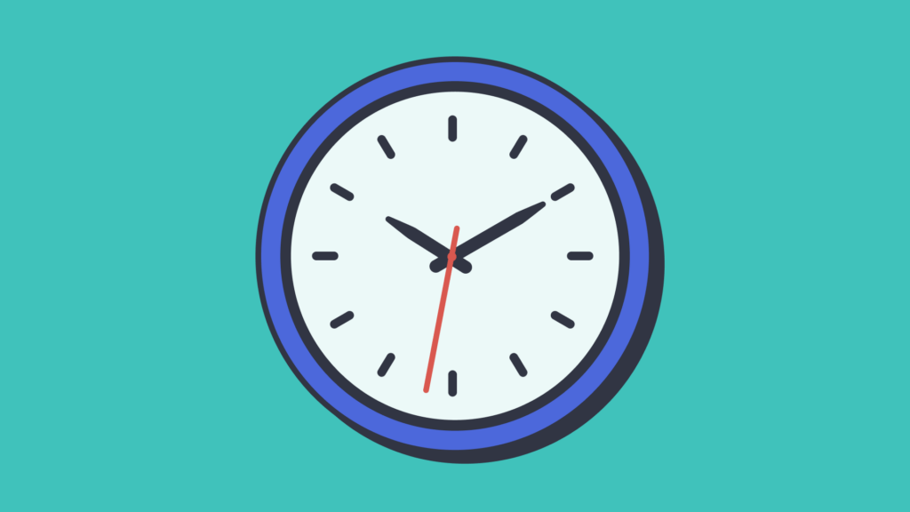 Simple graphic of an analog clock on a green background