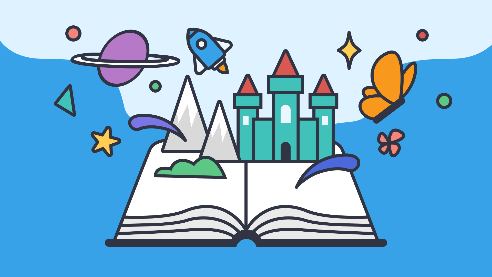 Open book with fantasy and space elements