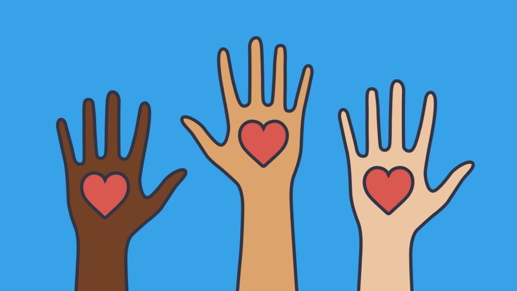 A graphic on a blue background of 3 hands with red hearts on each hand
