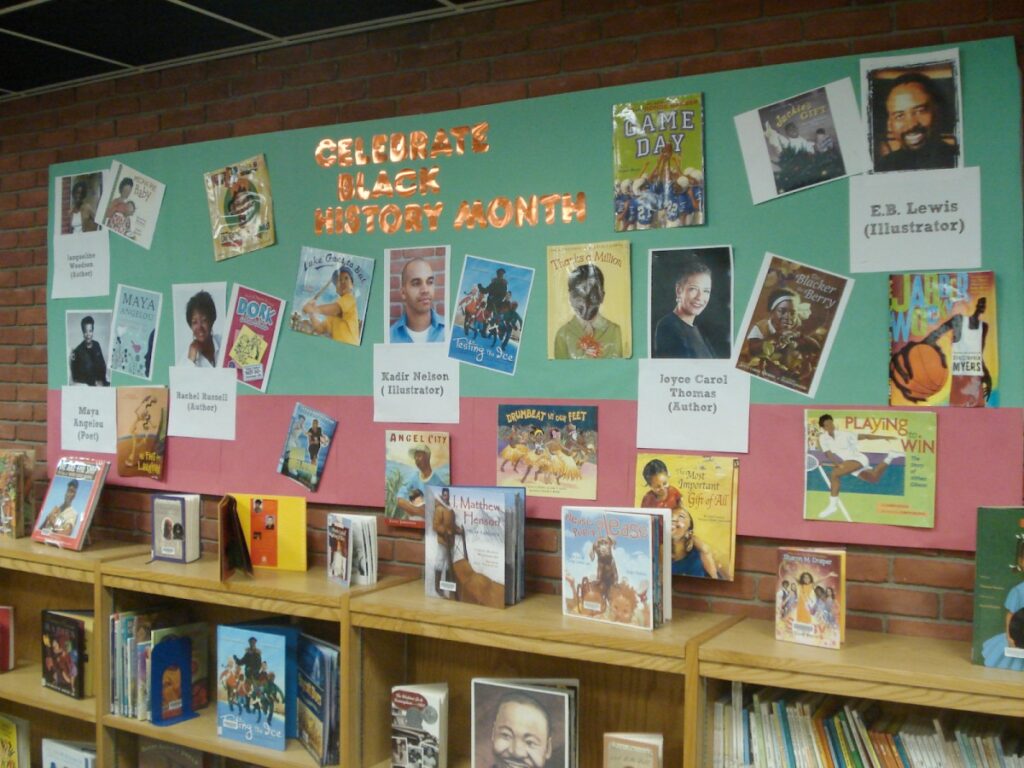 A curated collection of books in a school library celebrating Black History Month