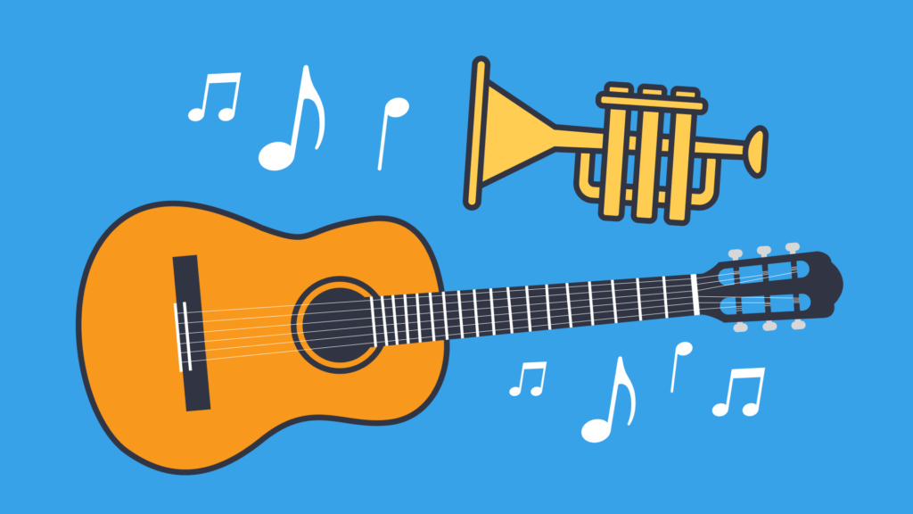 An illustration of a guitar and trumpet with white musical notes on floating on a blue background