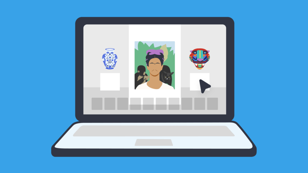 An illustration of an open laptop with Frida Kahlo on it on a blue background