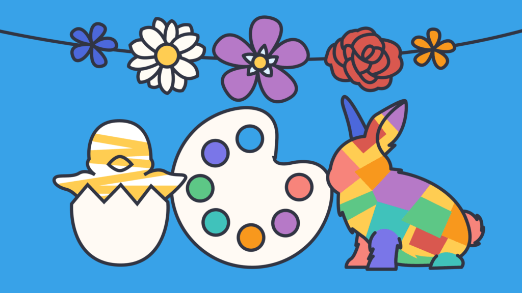 An illustration of a colorful bunny, a painting palette, a chick in an egg shell, and flowers draped at the top on a blue background