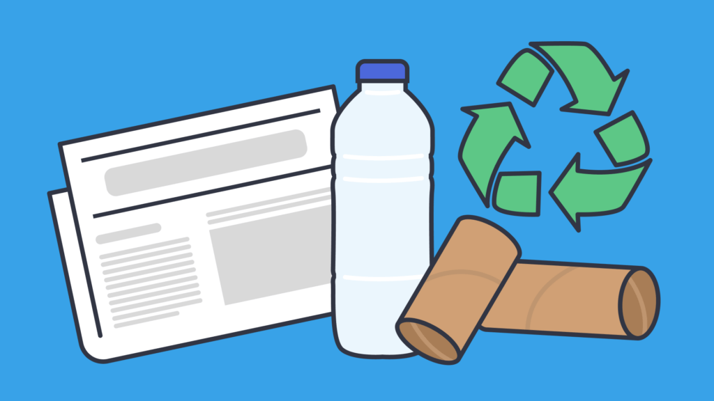 An illustration of toilet rolls, a plastic water bottle, the recycling symbol, and a newspaper on a blue background
