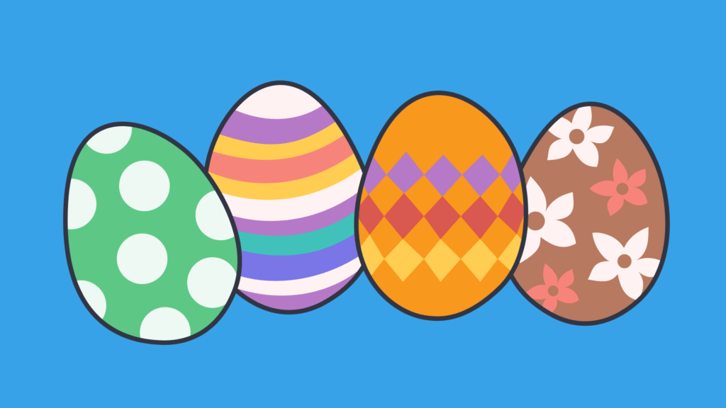 An illustration of 4 colorful eggs with patterns on them, on a blue background