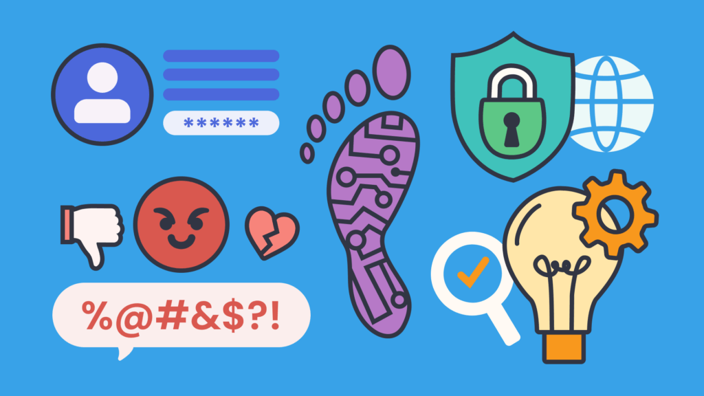 An illustration of colourful symbols and emojis on a blue background