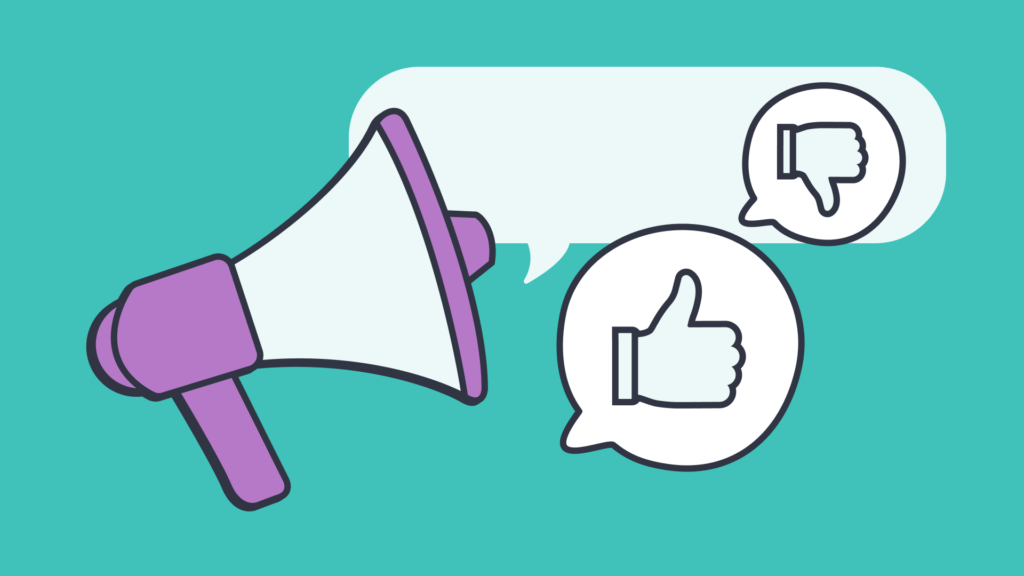 An illustration of a white and purple megaphone with a speech bubbles of a thumbs up and thumbs down.